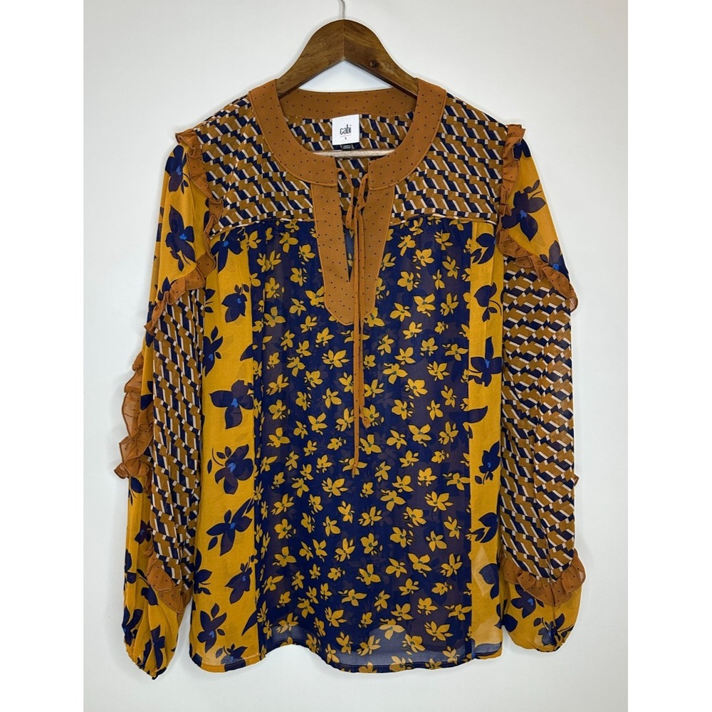 Cabi Harmony Blouse Sheer Golden Eye Floral Ruffle Long Sleeve 3953 Size Small - Picture 2 of 11